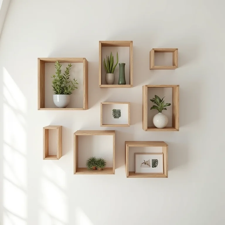 Nichos e prateleiras feitos com caixas de madeira.