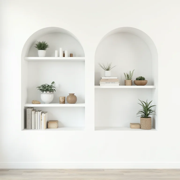 Nichos e prateleiras organizadas em parede de sala pequena