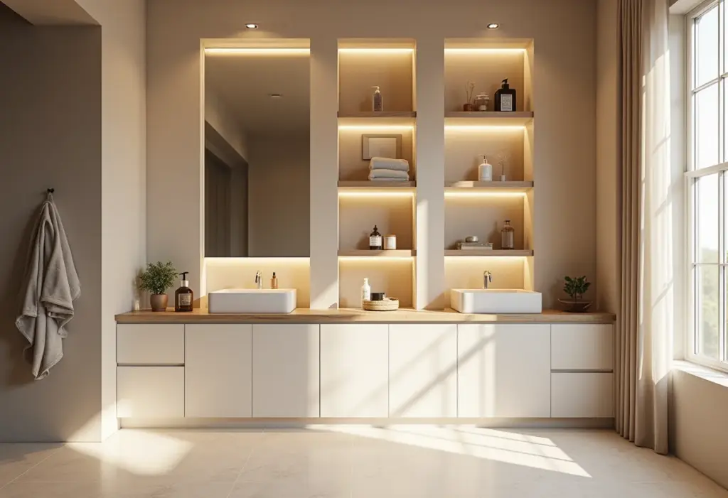 Nichos para banheiro: o truque de expert que você precisa conhecer Nichos embutidos em banheiro moderno com iluminação suave