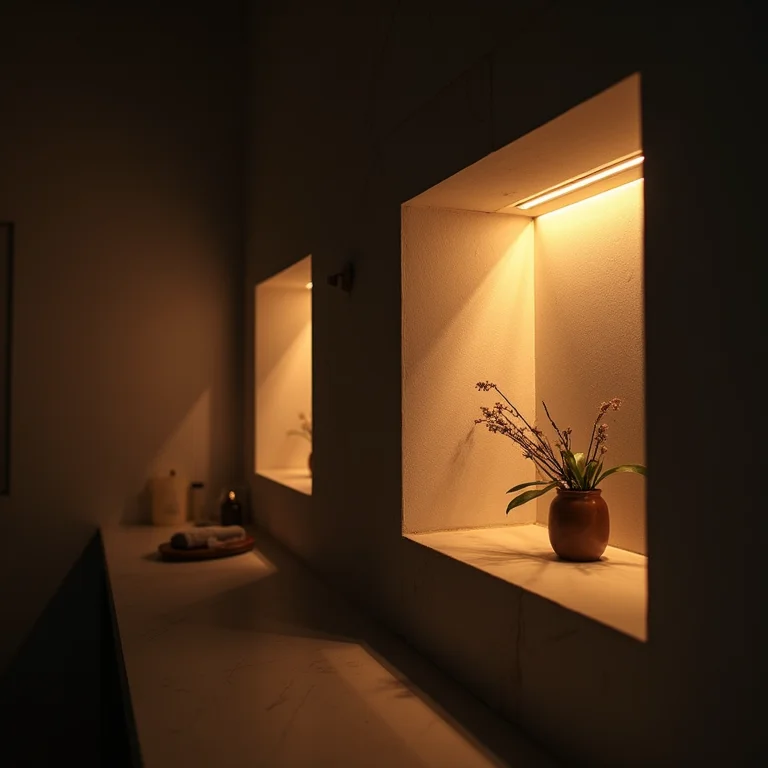 Nichos iluminados criando ambiente relaxante no banheiro