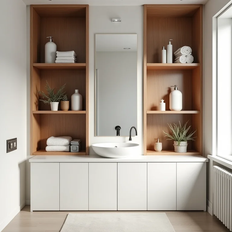 Nichos originais feitos de caixotes de feira no banheiro