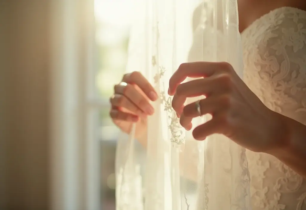 Noiva ajustando véu delicadamente