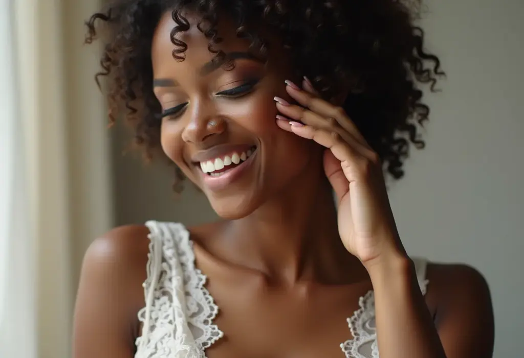 Noiva brasileira sorrindo com unhas decoradas