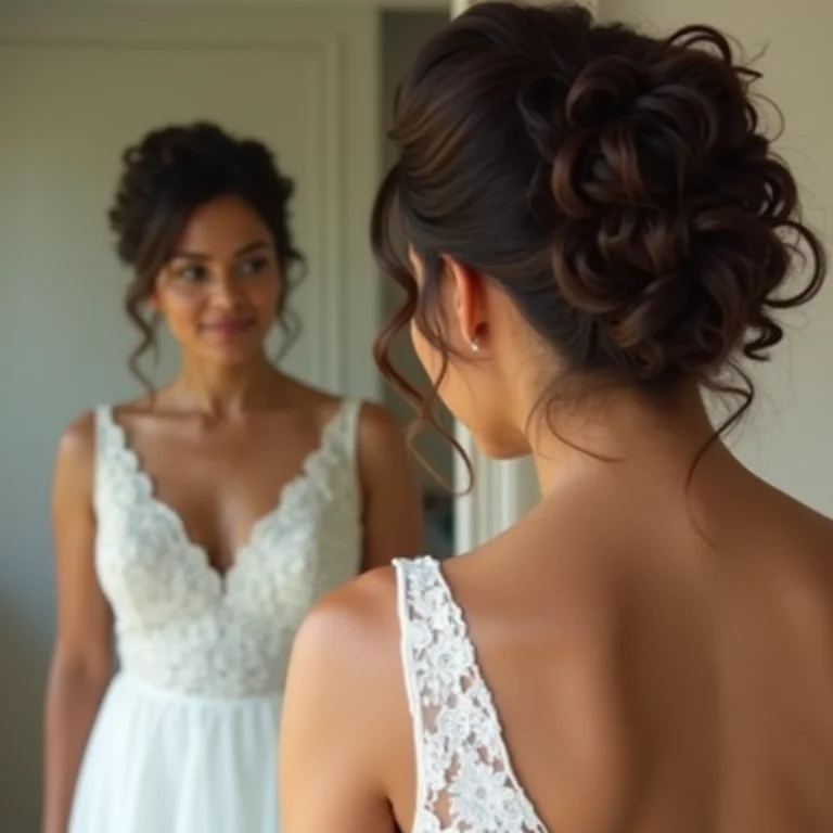 Noiva indecisa com o penteado e vestido