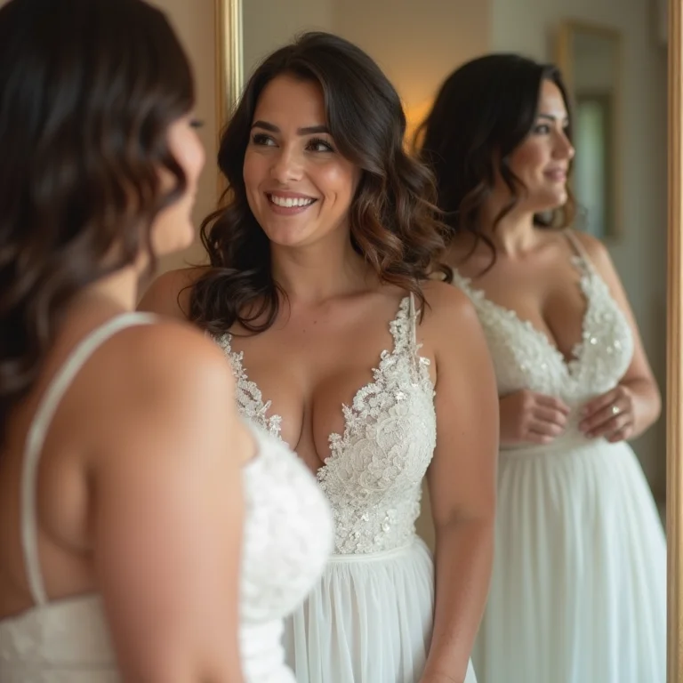 Noiva plus-size experimentando vestido de casamento