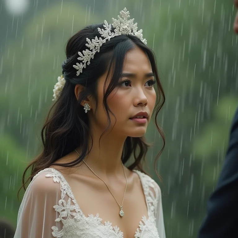 Noiva preocupada com a chuva no casamento ao ar livre