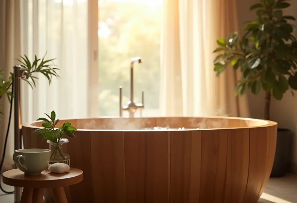 Ofurô relaxante em casa com decoração minimalista