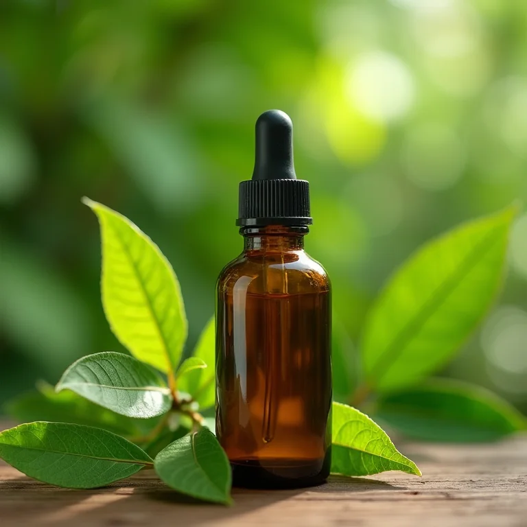 Óleo de melaleuca com folhas verdes em fundo de madeira