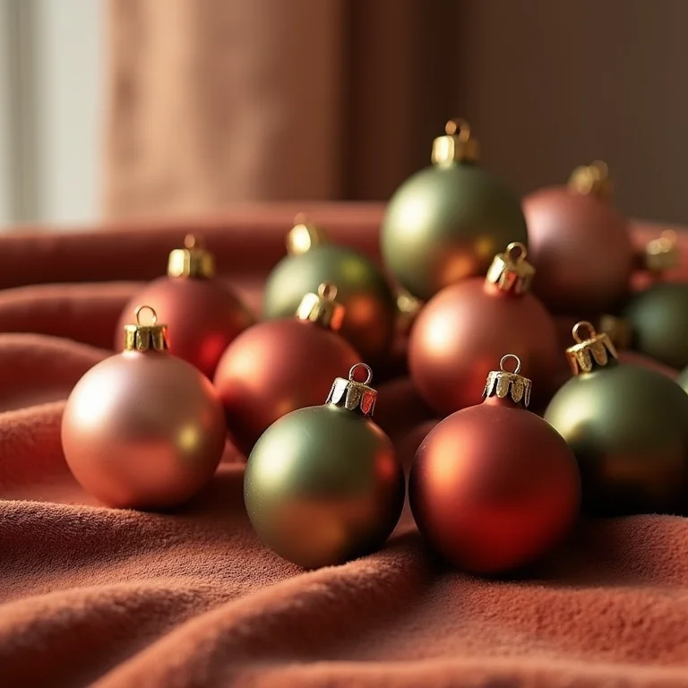 Ornamentos de Natal em tons terrosos, verde oliva e rosa queimado