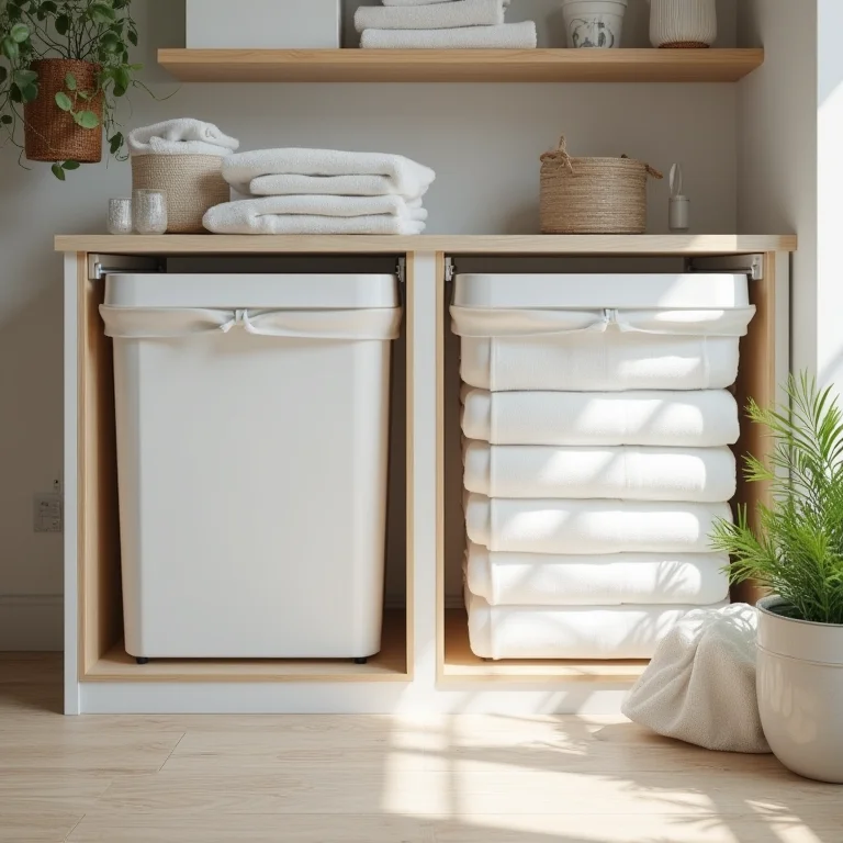 Otimização de espaço em lavanderia de luxo com prateleiras e cestos organizadores.