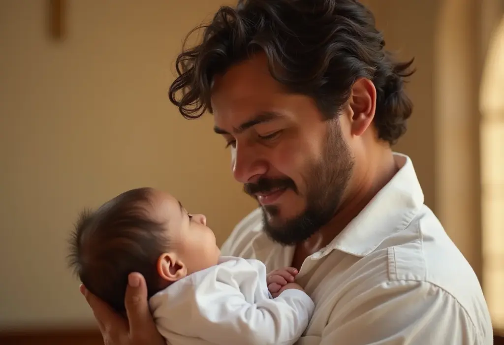 Looks para Batizado Masculino: Guia Completo Para Pais e Convidados Pai orgulhoso segurando bebê em batizado