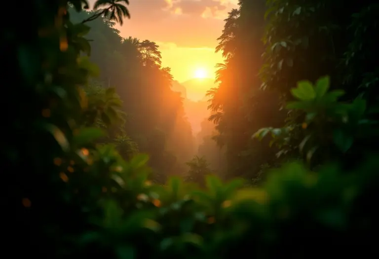 Paisagem da floresta amazônica ao pôr do sol