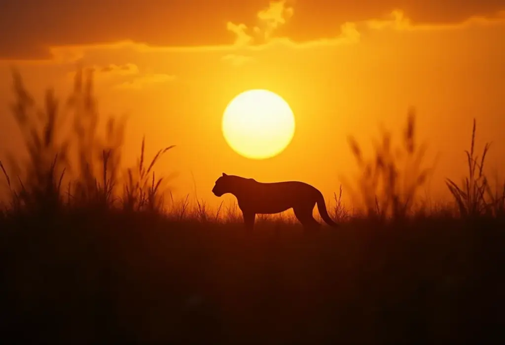 Paisagem do Pantanal ao entardecer com uma onça-pintada na silhueta