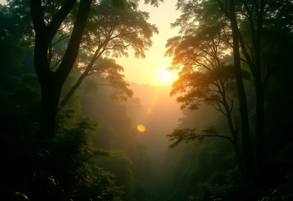 Paisagem exuberante da Amazônia ao pôr do sol