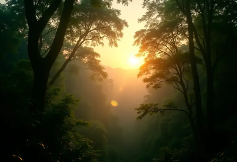 Paisagem exuberante da Amazônia ao pôr do sol