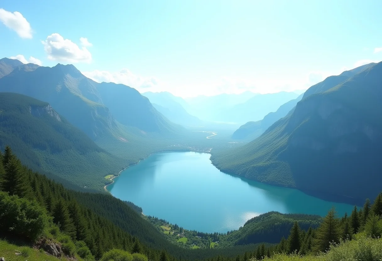 Paisagem natural exuberante com montanhas, vale verde e lago azul