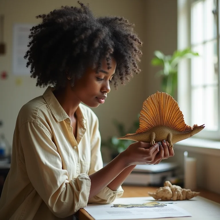 Paleontóloga negra brasileira analisando modelo 3D da vela dorsal do Spinosaurus.