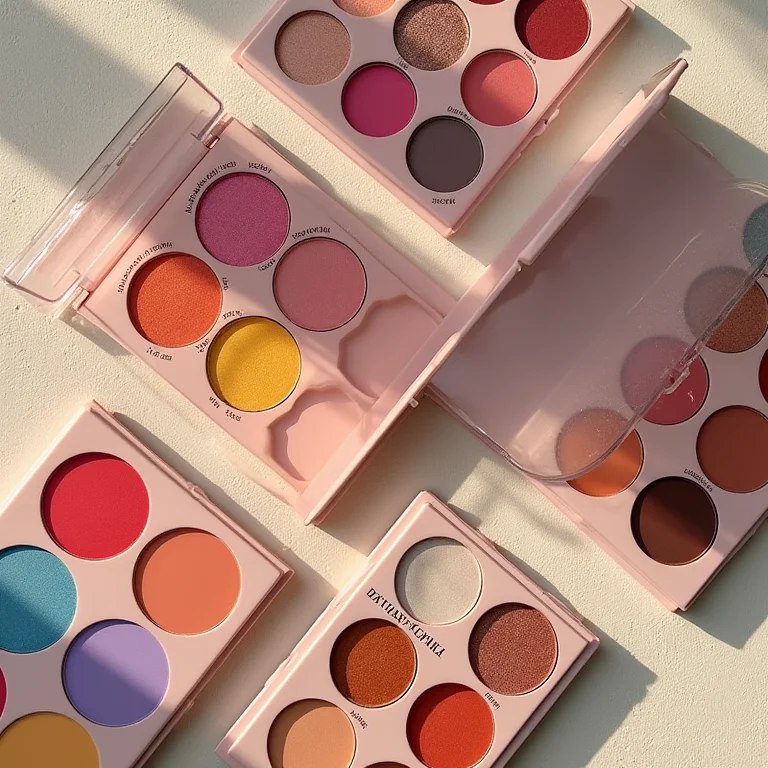 Paletas de sombras coloridas em composição flat lay.