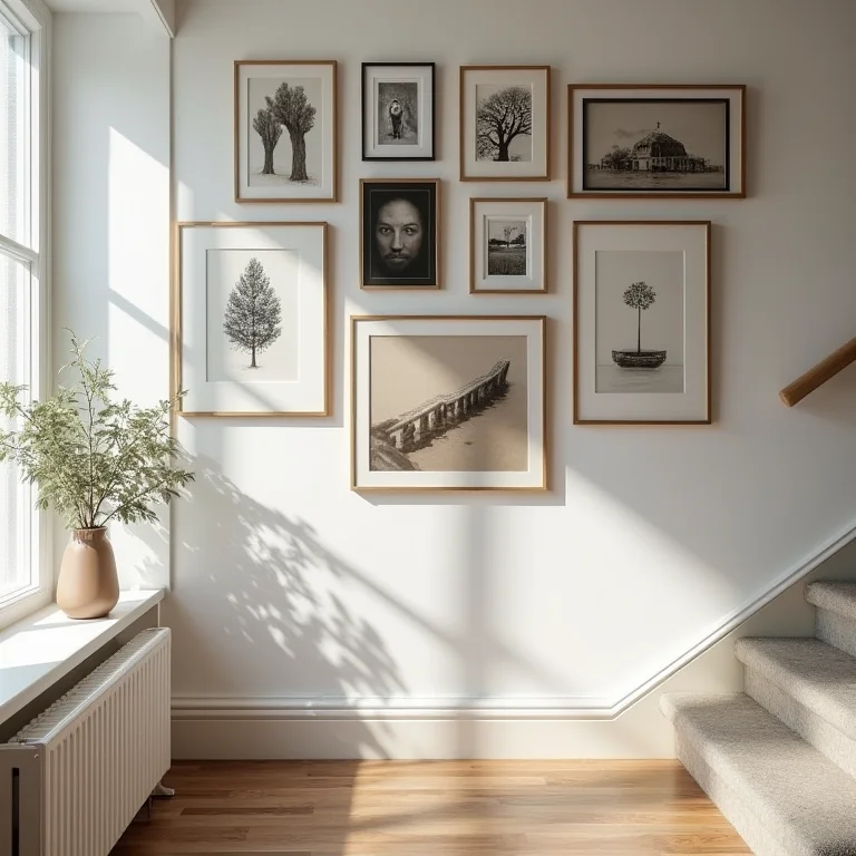 Parede da escada transformada em galeria de arte.
