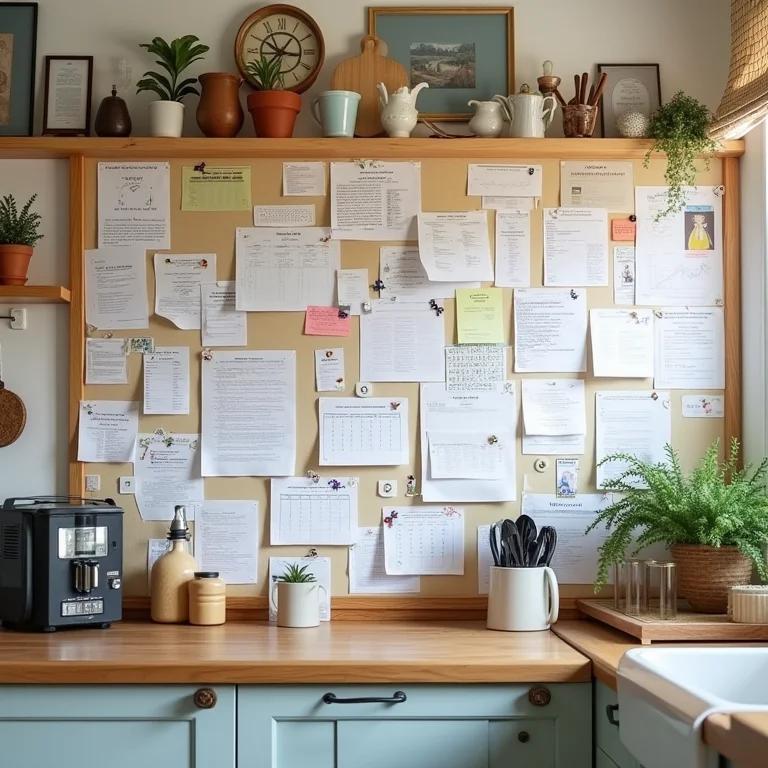 Parede de cozinha sobrecarregada com informações e itens decorativos