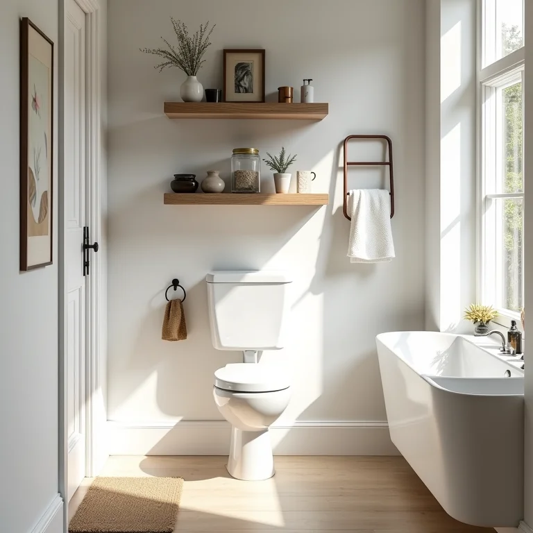 Paredes aproveitadas com nichos e prateleiras em banheiro pequeno.