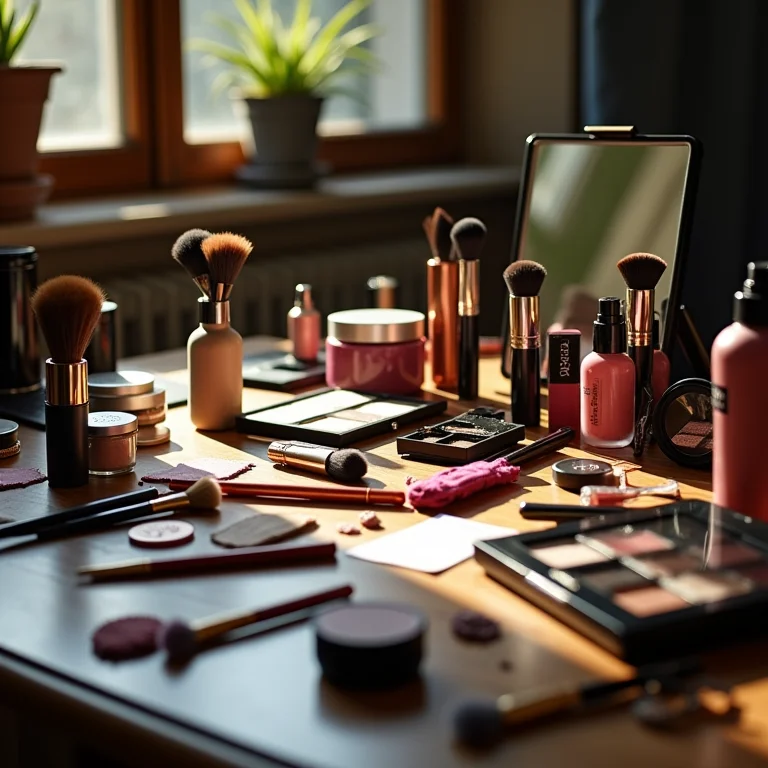 Penteadeira desorganizada com maquiagem espalhada