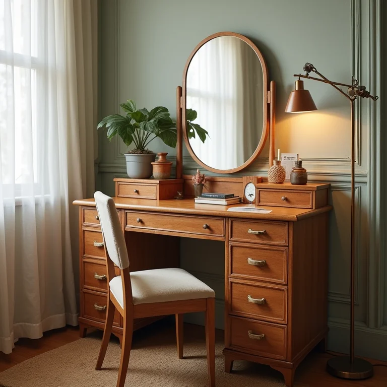 Penteadeira DIY com escrivaninha aproveitada.