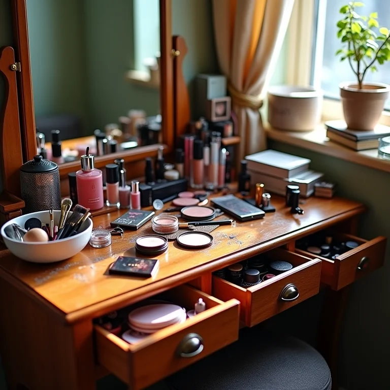 Penteadeira pequena com excesso de maquiagem e acessórios