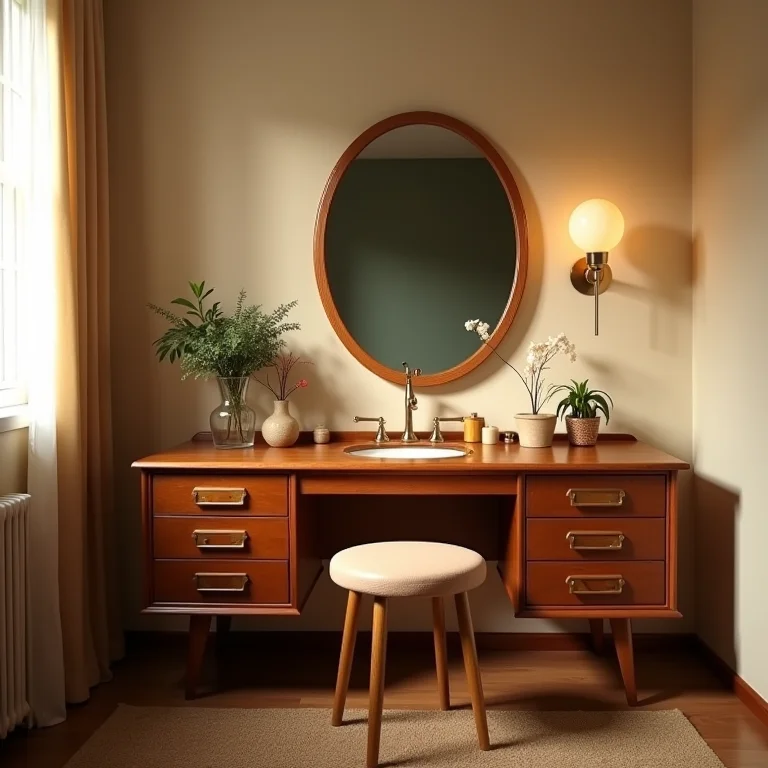 Penteadeira retrô com móveis antigos