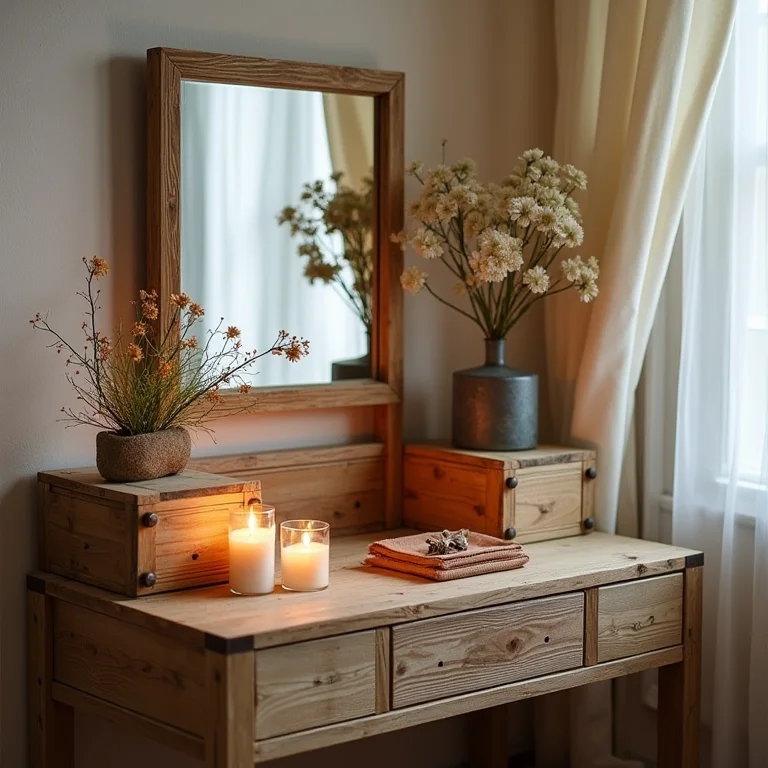 Penteadeira rústica DIY com caixotes de feira.