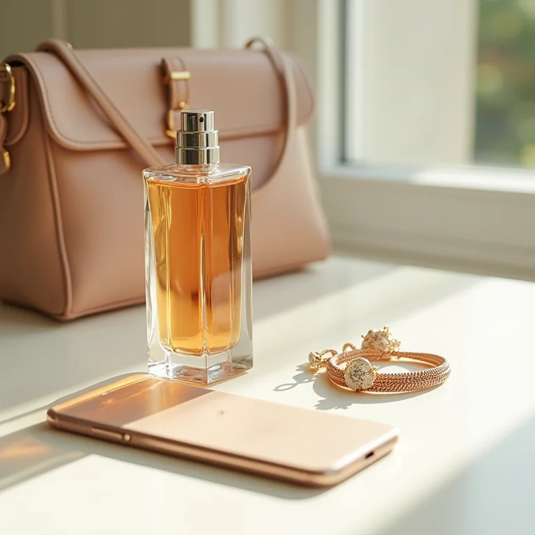 Perfume, bolsa, celular e jóia.