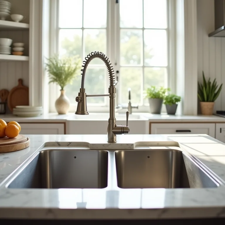 Pia dupla de inox em cozinha espaçosa