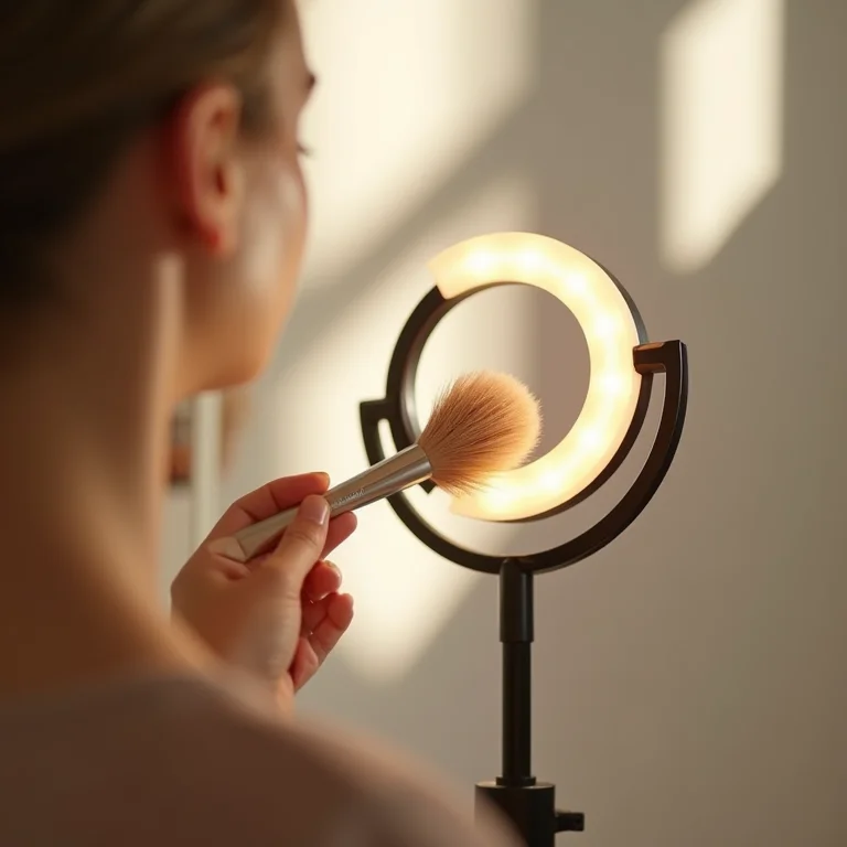 Pincel de maquiagem aplicando pó em frente a um ring light