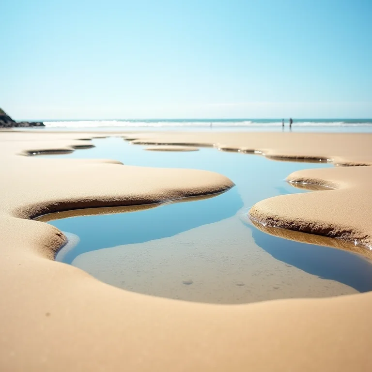 Piscinas naturais refletindo o céu azul na Praia do Espelho, Caraíva.