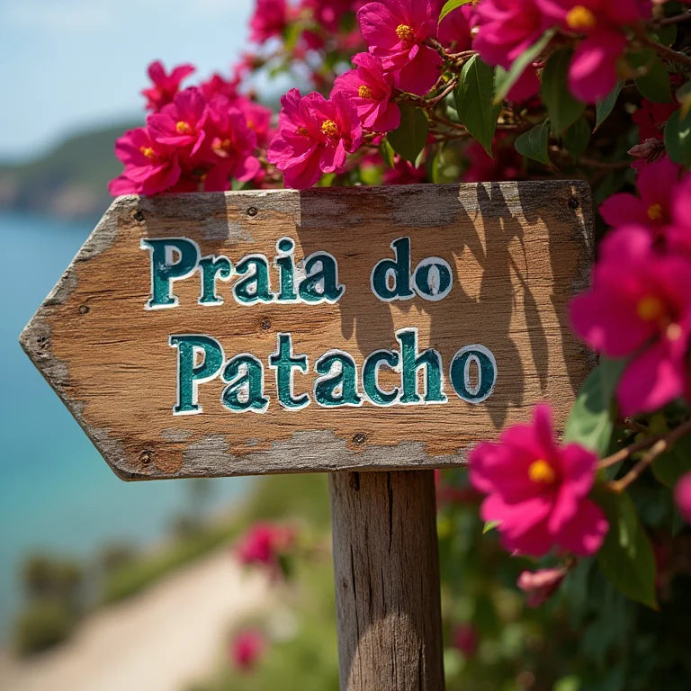 Placa de madeira rústica indicando o caminho para a Praia do Patacho.