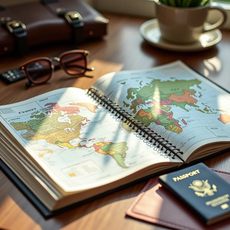 Planejador de viagens aberto com mapas e itens essenciais.