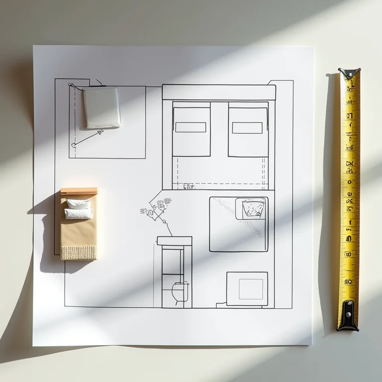 Planta baixa de quarto com cama e fita métrica