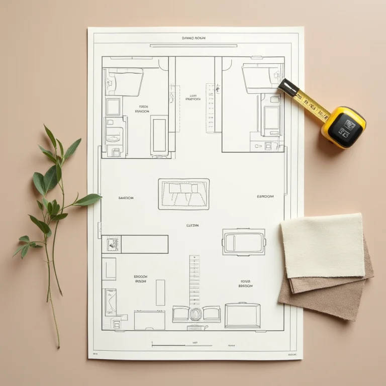 Planta baixa e materiais para sala de jantar.