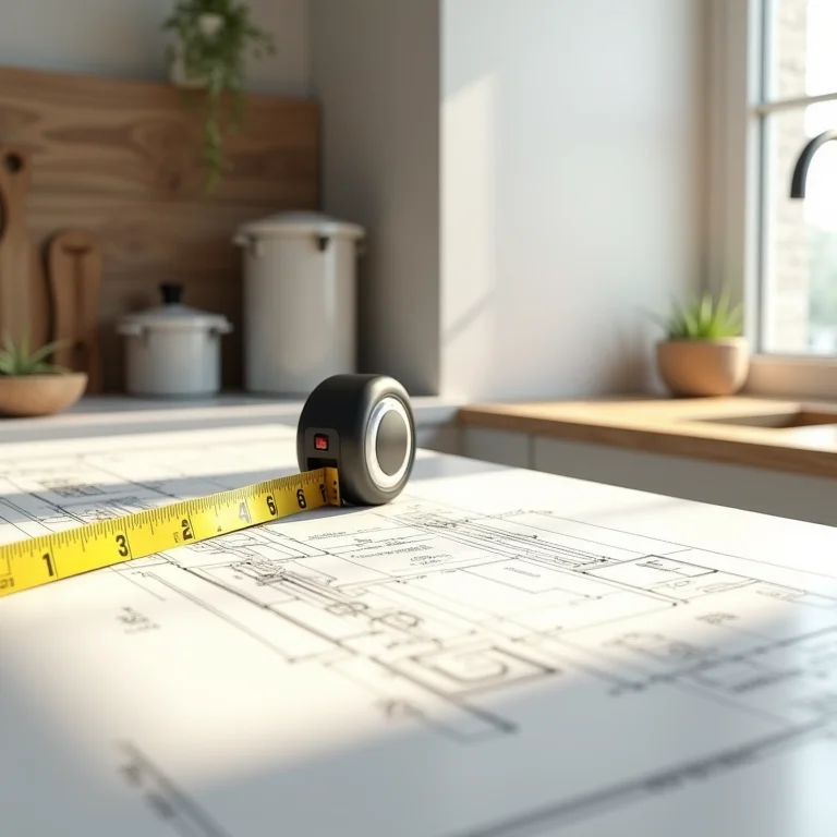 Planta de cozinha com medidas e utensílios de cozinha