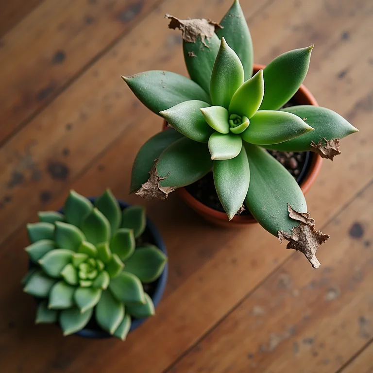 Planta morta ao lado de um suculenta viçosa.