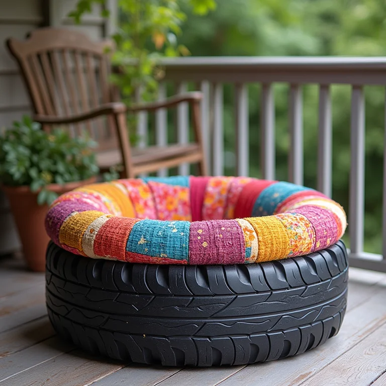 Pneu usado transformado em puff colorido