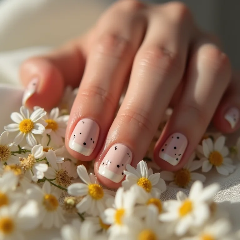 Pontinhos pretos delicados em unhas de gel neutras.