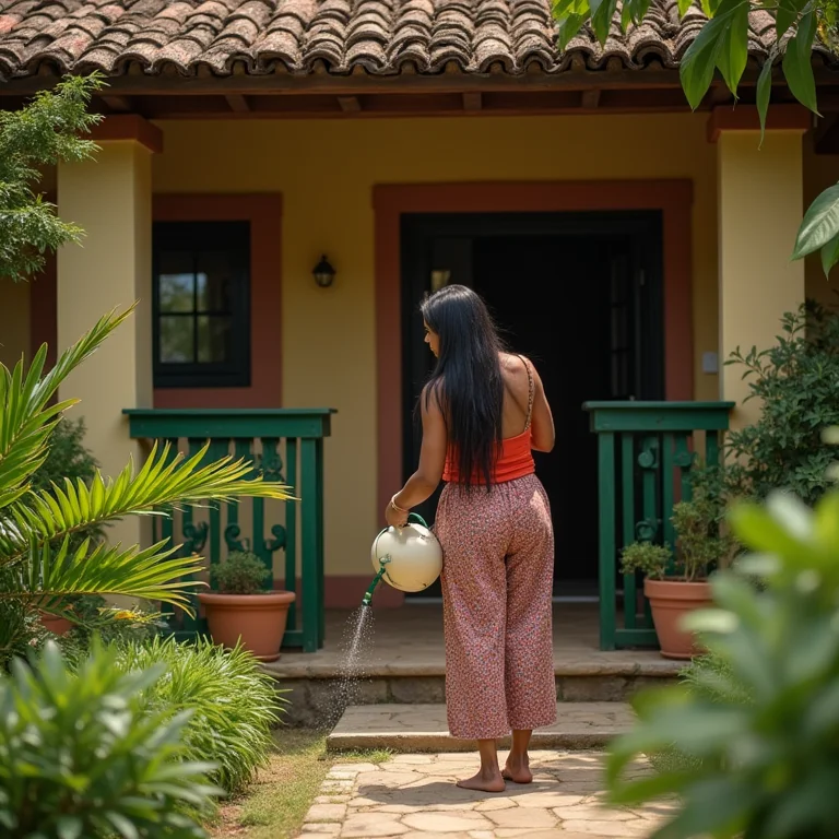 Pousada charmosa com mulher indígena cuidando das plantas no Rio Santos.