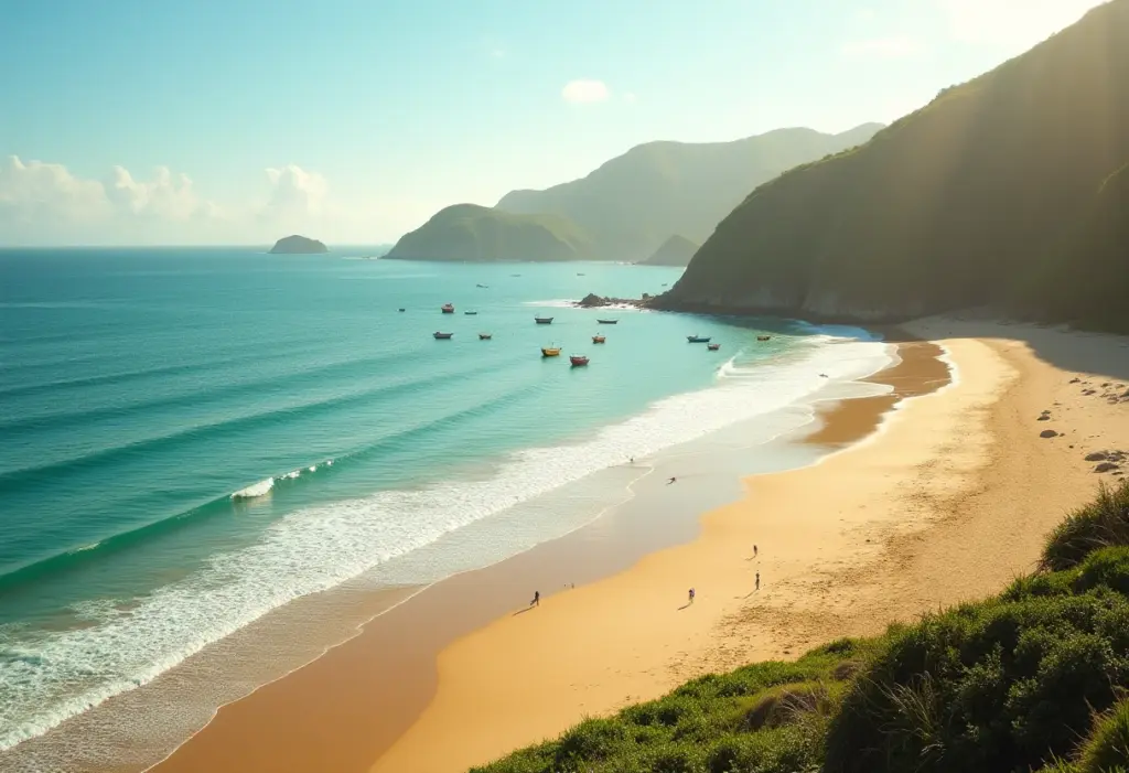 Praias do Nordeste: Fuja dos Erros Mais Comuns (e Aproveite!) Praia paradisíaca no Nordeste do Brasil com barcos de pesca coloridos.