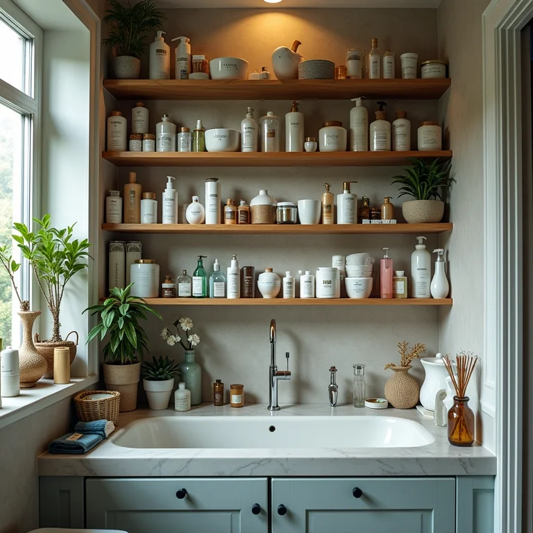 Prateleira de banheiro pequena sobrecarregada com muitos objetos