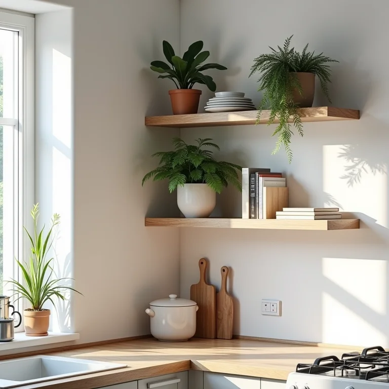 Prateleiras abertas decorativas em cozinha de canto