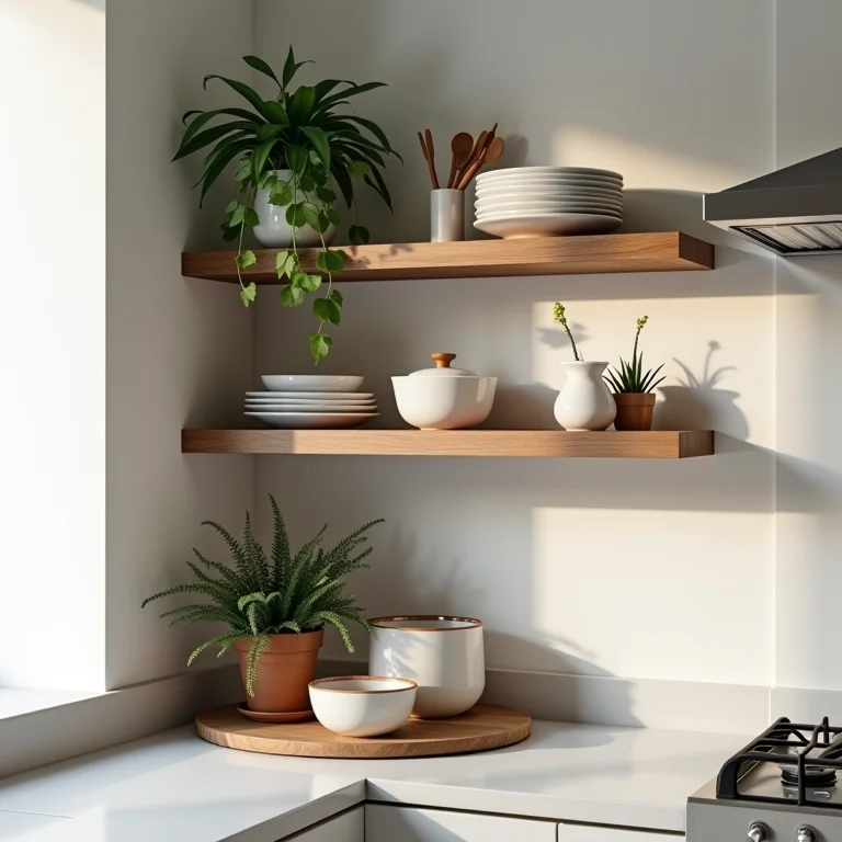 Prateleiras abertas em cozinha de canto com utensílios