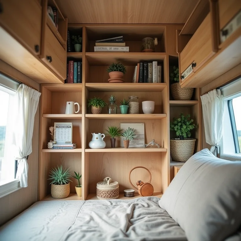 Prateleiras e nichos organizados dentro de um motorhome