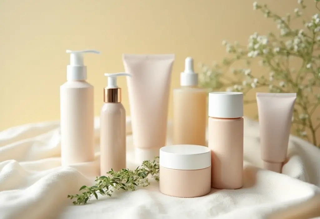 Produtos de beleza coreanos em fundo neutro