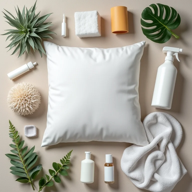 Produtos de limpeza e almofada de sofá parcialmente limpa.